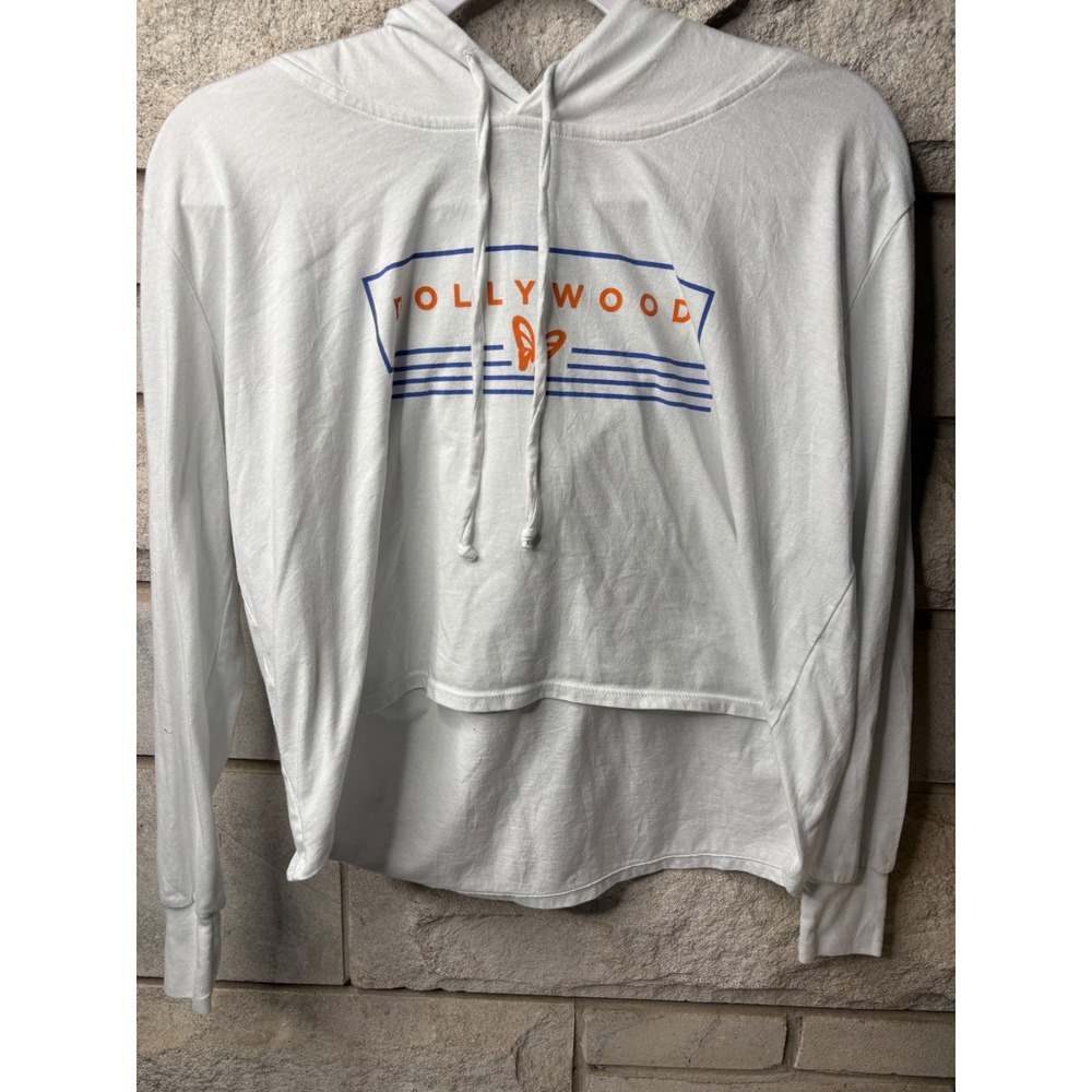 MV Sport Dollywood White Cropped High-Low Graphic Hoodie Womens Medium